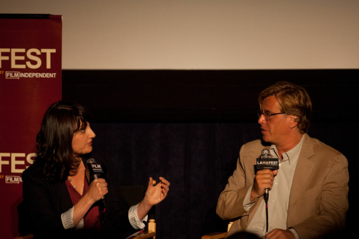 Aaron Sorkin talks with Alan Poul and Greg Mottola at the Los Angeles Film Festival on Friday. The panel was moderated by Madeleine Brand.