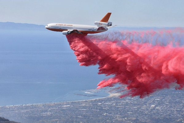 A DC-10 air tanker makes a drop in the foothill above Santa Barbara-Montecito on Thursday, Oct. 29, 2015.