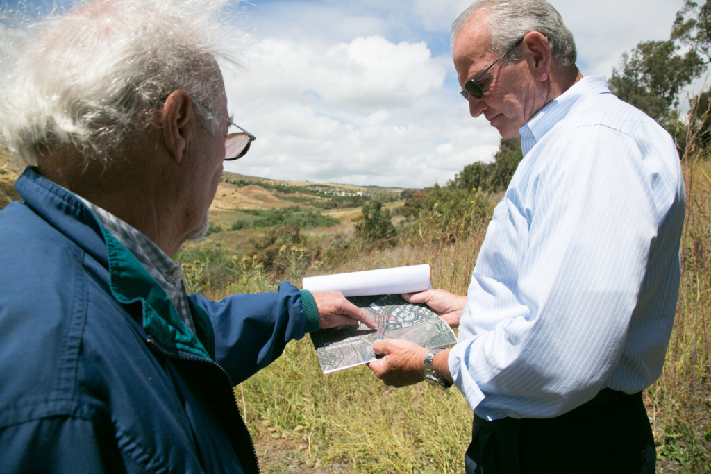 San Clemente homeless shelter Bob Adams (left) of the Rancho San Clemente Business Park and Fred Holgate (right) of the Emergency Shelter Coalition tour a 10-acre parcel that the business park wants to donate to open a homeless shelter, May 21, 2019.