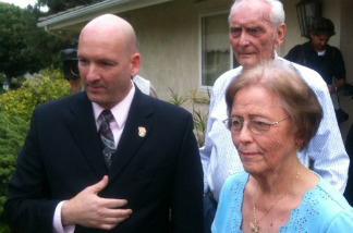 Orange County Republican Marilyn Davenport with her husband, Dick, and Orange County GOP activist Tim Whitacre (left), at a news conference in front of the Davenports' Fullerton home on April 20, 2011.