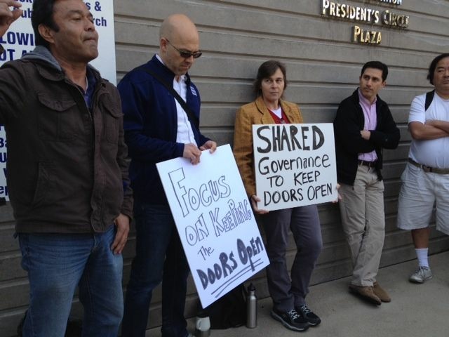 Outside an emergency meeting called by the Santa Monica College Board of Trustees to discuss the two-tier pricing plan. These demonstrators say they support the decision to raise tuition on some courses, saying it's the only way to keep the doors open. A few days earlier, protests against the plan ended in scuffles with police, including some protesters being pepper sprayed. Outside an emergency meeting called by the Santa Monica College Board of Trustees to discuss the two-tier pricing plan. These demonstrators say they support the decision to raise tuition on some courses, saying it's the only way to keep the doors open. A few days earlier, protests against the plan ended in scuffles with police, including some protesters being pepper sprayed.