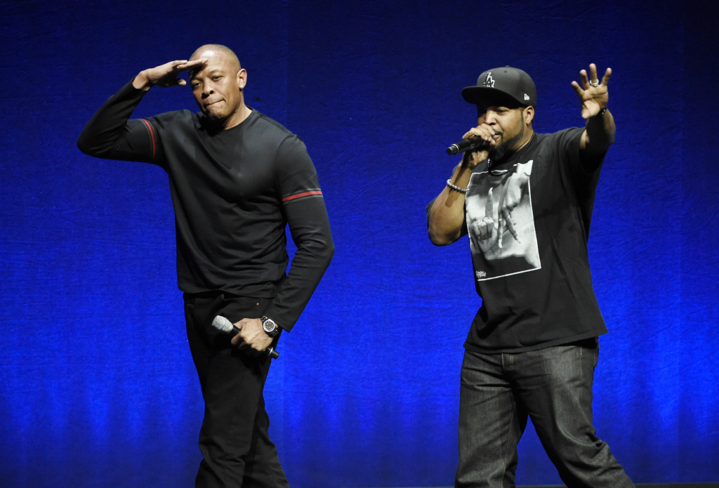 2015 CinemaCon - Universal Pictures Presentation N.W.A. members Dr. Dre, left, and Ice Cube, two of the subjects of the upcoming biographical drama