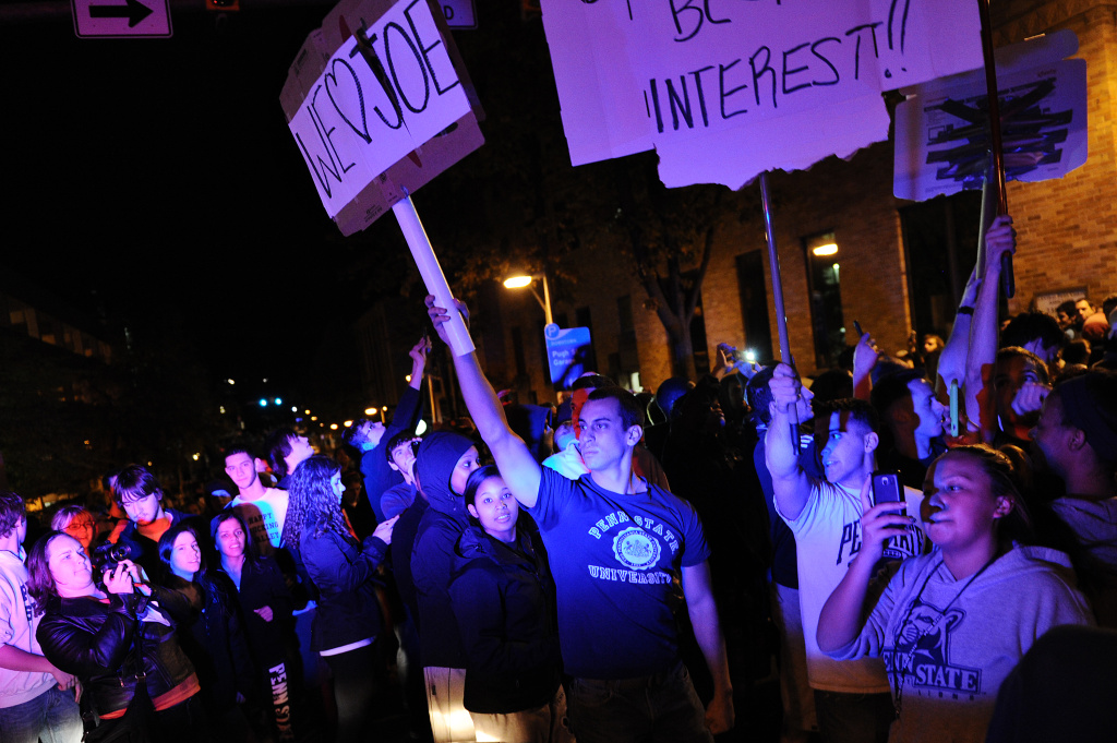 Penn State Community Reacts As Trustees Fire Coach Joe Paterno Students and those in the community fill the streets and react after football head coach Joe Paterno was fired during the Penn State Board of Trustees Press Conference, in downtown Penn State, November 9, 2011.