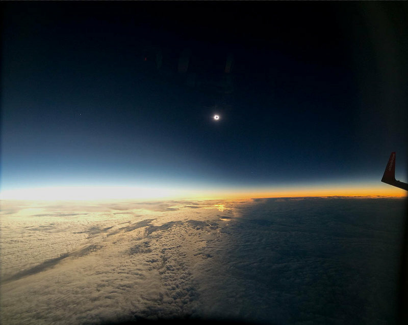 The onset of a solar eclipse on March 20, 2015, is seen from an aircraft flying 35,000 feet over the Norwegian Sea. The onset of a solar eclipse on March 20, 2015, is seen from an aircraft flying 35,000 feet over the Norwegian Sea.