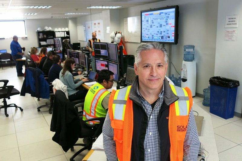 Solar and wind storage Kevin Smith, CEO of SolarReserve, stands in the control room of the Crescent Dunes Solar Energy Plant.