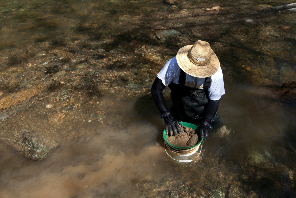 Rising Price of Gold Spurs Increases In Prospecting In California Scott Sprague of Manassas, Virginia looks for gold in Woods Creek on April 29, 2011 in Jamestown, California.