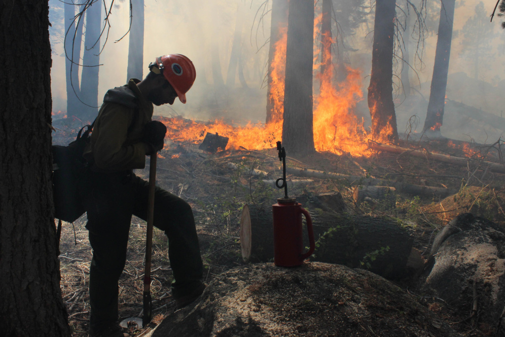 Western Wildfires Yosemite In this photo provided by the U.S. Forest Service, a Hotshot fire crew member rests near a controlled burn operation at Horseshoe Meadows, as crews continue to fight the Rim Fire near Yosemite National Park in California Wednesday, Sept. 4, 2013.